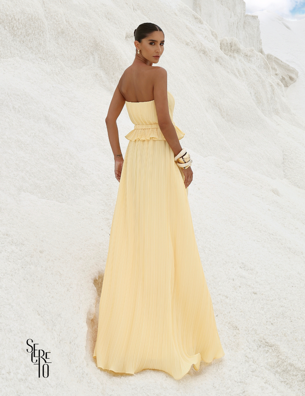 Vestido Longo Crepe Plissado Elisa Camomila