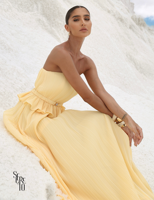 Vestido Longo Crepe Plissado Elisa Camomila