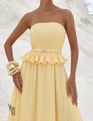 Vestido Longo Crepe Plissado Elisa Camomila