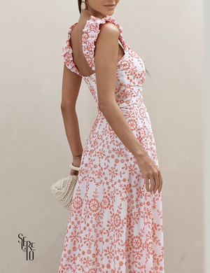 Vestido Longo em Laise com Babados Jessica Laranja