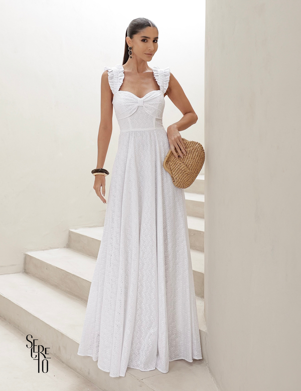 Vestido Longo em Laise com Babados Jessica Branco