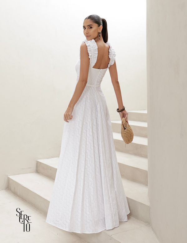Vestido Longo em Laise com Babados Jessica Branco