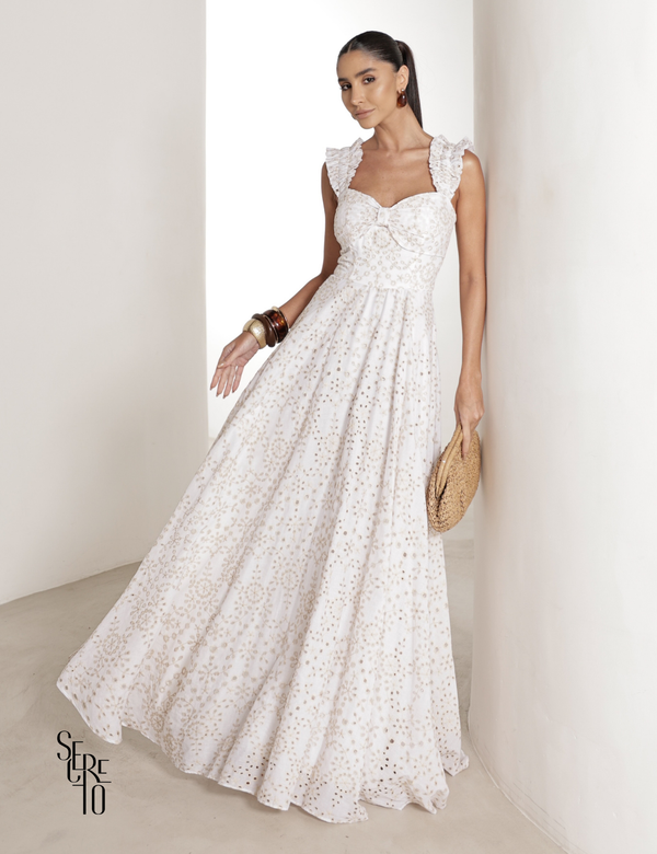 Vestido Longo em Laise com Babados Jessica Branco com Bege