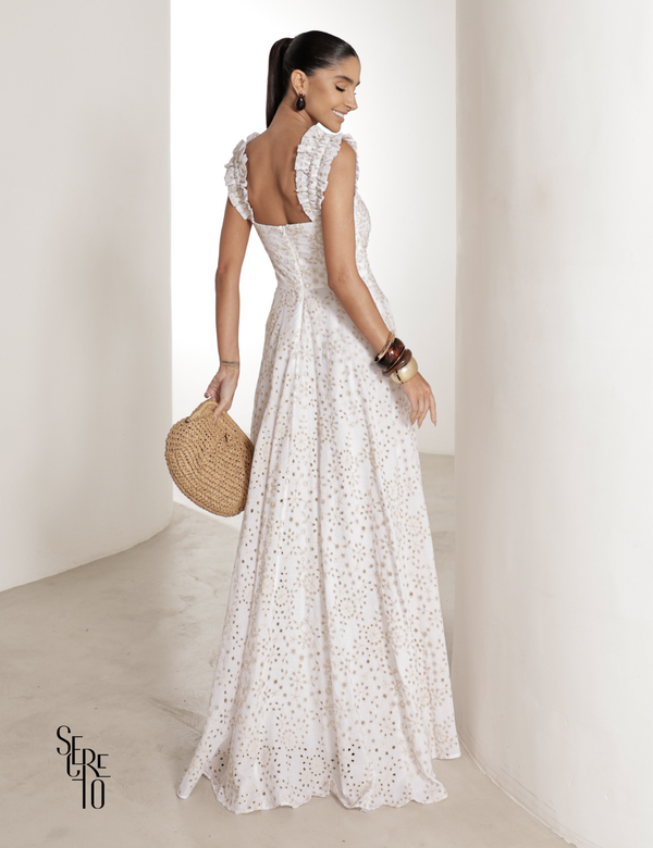 Vestido Longo em Laise com Babados Jessica Branco com Bege
