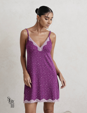 Pijama Vestido Curto Com Renda Maria Roxo