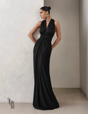 Vestido longo Drapeado com Costas Arco Angelica Preto