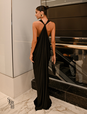 Vestido longo Drapeado com Costas Arco Angelica Preto