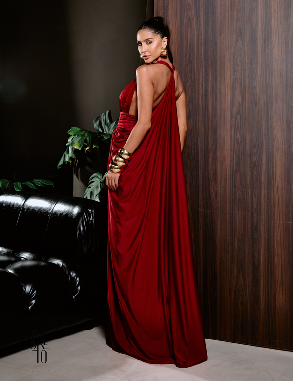 Vestido longo Drapeado com Costas Arco Angelica Vermelho