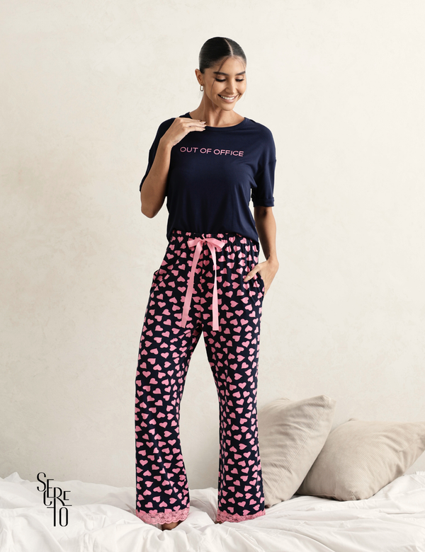 Conjunto Pijama Feminino Blusa e Calça Sofia Azul Marinho
