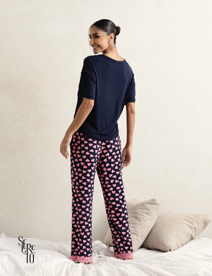 Conjunto Pijama Feminino Blusa e Calça Sofia Azul Marinho