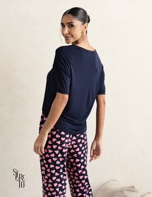 Conjunto Pijama Feminino Blusa e Calça Sofia Azul Marinho