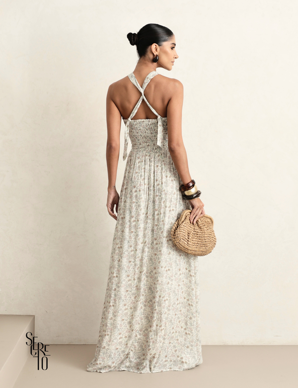 Vestido Longo Floral Beatriz Bege