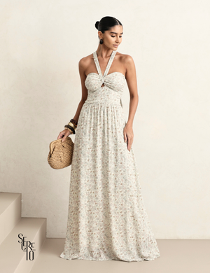 Vestido Longo Floral Beatriz Bege