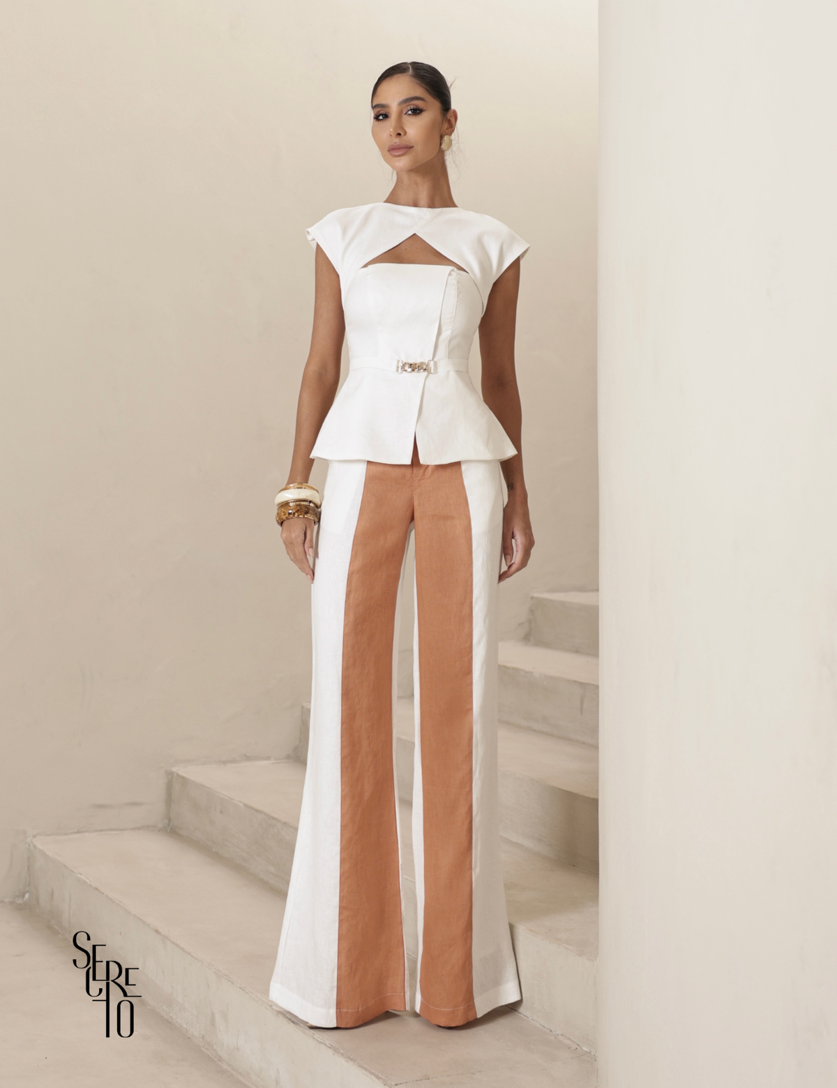 Conjunto Blusa e Calça Bicolor Lilla Branco