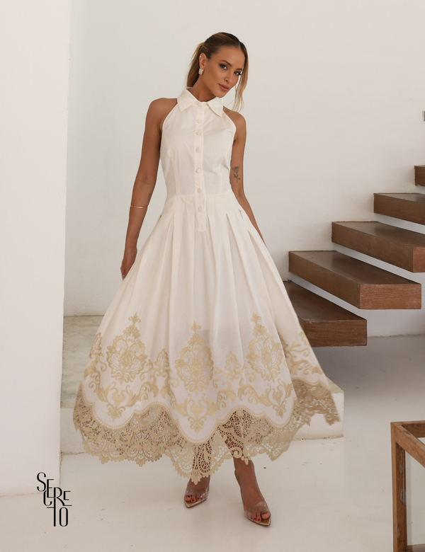 Vestido Midi Tricoline Bordado com Gola Marlene Off White