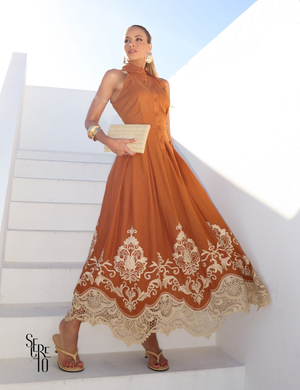 Vestido Midi Tricoline Bordado com Gola Marlene Terracota