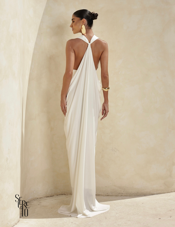 Vestido longo Drapeado com Costas Arco Angelica Branco