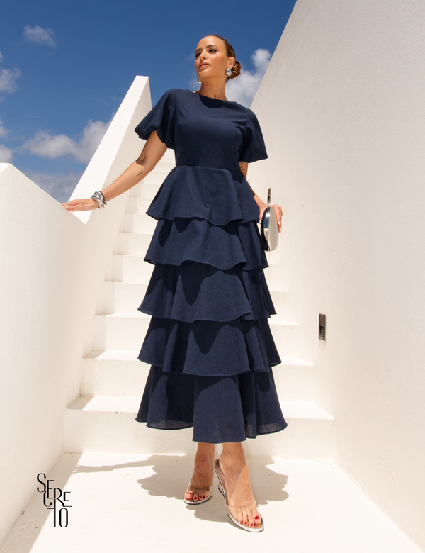 Vestido Longo Camadas Rosana Azul Marinho