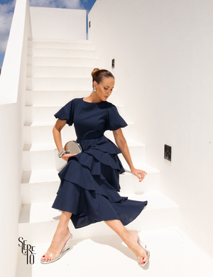 Vestido Longo Camadas Rosana Azul Marinho