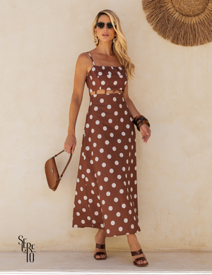 Vestido Midi Poá Carla Marrom