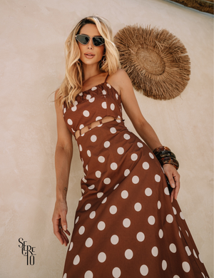 Vestido Midi Poá Carla Marrom