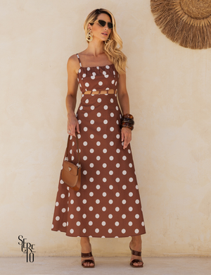 Vestido Midi Poá Carla Marrom
