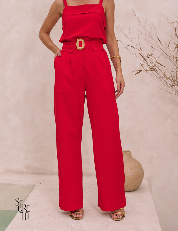 Calça Com Cinto Bianca Vermelho